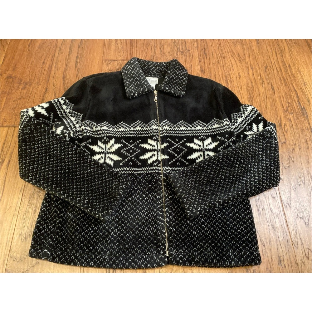 Willie‎ Smith Vintage Black/ White Fuzzy Snowflake Front Zip Jacket Small